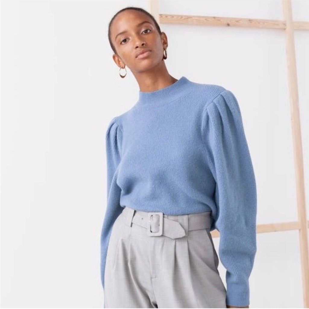 & Other Stories Mock Neck Ribbed Puff Sleeve Periwinkle Blue Wool Sweater Small